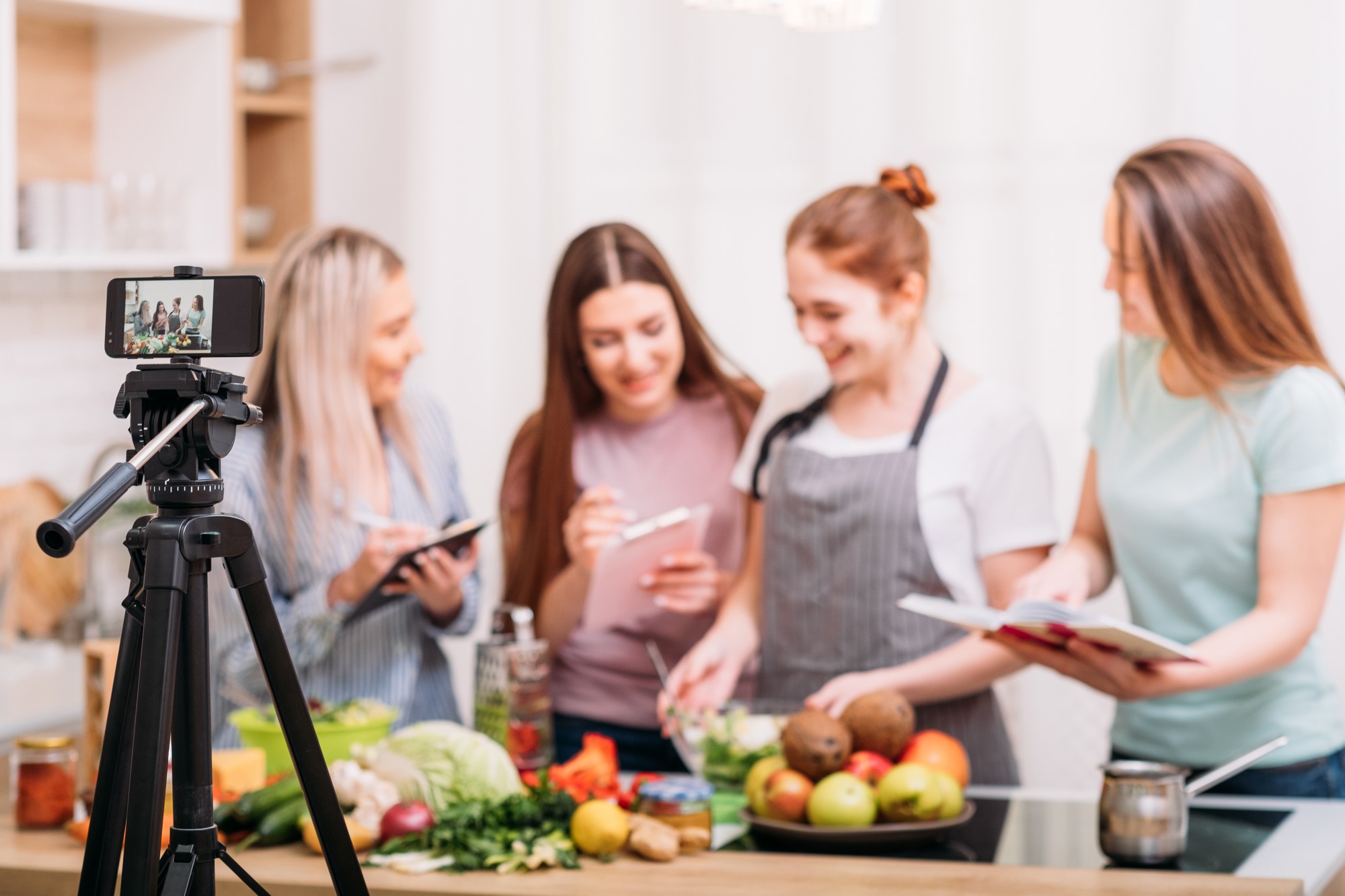 Small group cooking in studio kitchen
